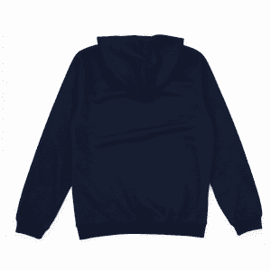 A navy hoodie featuring a hood and long sleeves, with a simple, unembellished design. It has a logo on the front.