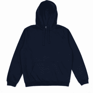 A navy blue hoodie with a front pocket and drawstring hood, featuring a logo.