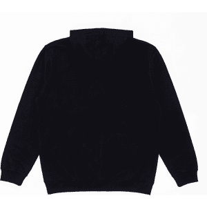 A black hooded sweatshirt with a smooth texture and long sleeves, featuring a hood and a plain back.
