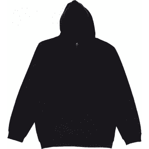 A black hooded sweatshirt featuring a front pocket and drawstring hood. Includes a logo on the garment.