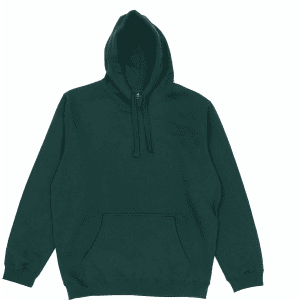 A green hoodie featuring a front pocket and drawstring hood. The item includes a branding logo.