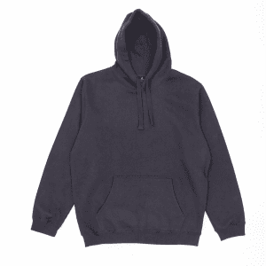 A dark grey hoodie with a front pocket and adjustable drawstring hood. Includes a logo.