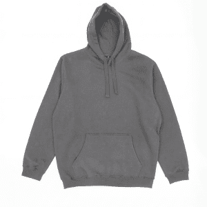 A grey hoodie with a front pocket and drawstring hood, featuring a logo on the chest.