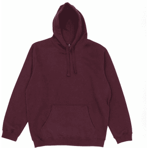 A burgundy hoodie featuring a front pocket and a drawstring hood. The garment has a logo on the front.