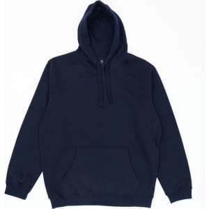 A navy blue hoodie featuring a front pocket and drawstring hood, with a logo on the lower front.