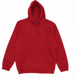 A red hoodie with a front pocket and drawstrings on the hood. It has a simple design and includes a logo.
