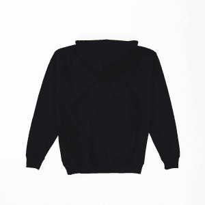 A black hooded sweatshirt with a drawstring and long sleeves. The back view shows a simple design.