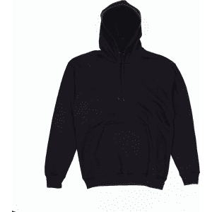A black hoodie with a front pocket and a drawstring hood. It features a logo.