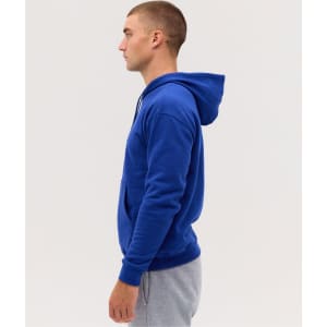 A blue hoodie featuring a kangaroo pocket and a drawstring hood, displayed on a model in profile.