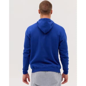A blue hoodie with a hood, displayed from the back, worn by a person in grey sweatpants.