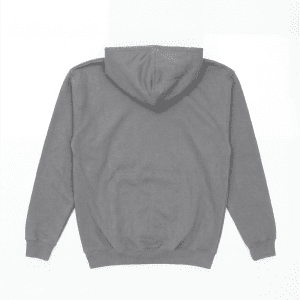 A grey hoodie with a back view, featuring a hood and a minimalist design. It has a single colour throughout.