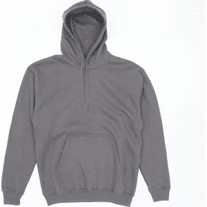 A grey hoodie featuring a front pouch pocket and a drawstring hood, with a simple design and no visible branding.