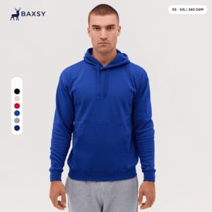 A blue hoodie displayed on a model, featuring a front pocket and a drawstring hood. The product includes a logo.