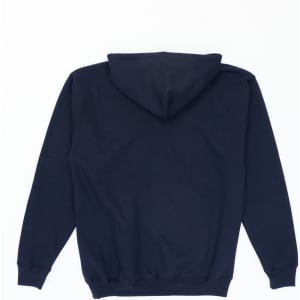 A navy hoodie featuring a spacious hood and ribbed cuffs, with no visible branding on the back.