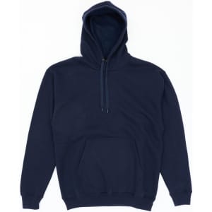 A navy blue hooded sweatshirt with a front pocket and drawstring closures. It has a simple, unadorned design.