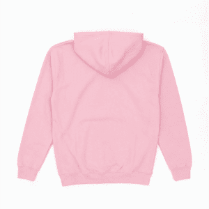 A pink hoodie featuring a hood and kangaroo pocket, displayed from the back. It has a logo on the fabric.