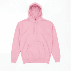 A pink hooded sweatshirt featuring a front pocket and drawstring hood. The item has a logo on it.