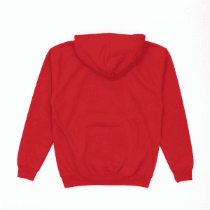 A red hoodie with a back view, featuring a hood and ribbed cuffs. It includes a logo on the front.