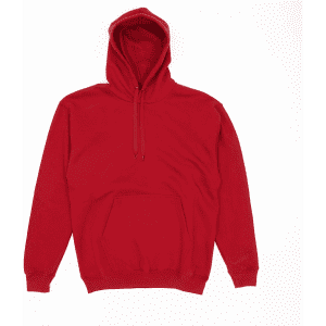 A red hoodie with a front pocket and a drawstring hood, featuring a logo on the chest area.