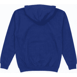 A hooded sweatshirt in a deep blue colour, featuring a rear view and a spacious hood. It has a logo on the front.