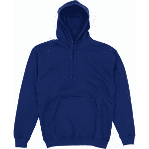 A blue hoodie with a kangaroo pocket and a hood. The garment features a drawstring and has a plain design.
