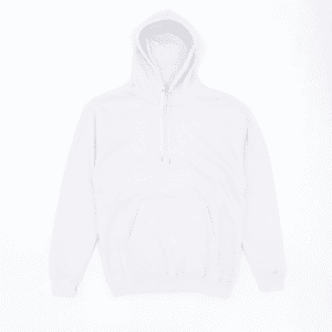 A white hoodie featuring a front pocket and an adjustable drawstring hood. It has a logo on the front.