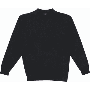 A black crew neck sweatshirt displayed flat, featuring long sleeves and a ribbed collar. It includes a logo on the inside label.
