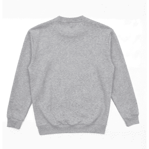 A grey crew sweatshirt with a rounded neckline and long sleeves, featuring ribbed cuffs and waist.