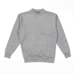 A grey crewneck sweatshirt with long sleeves and ribbed cuffs, featuring a simple design.