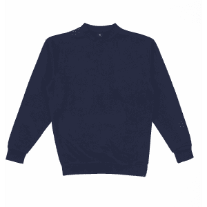 A navy crew sweatshirt with a round neckline and long sleeves. It has ribbed cuffs and hem.