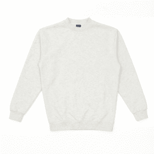 A light grey crew sweatshirt with a round neck and long sleeves. It features a small logo on the collar.