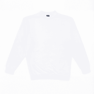 A white crew neck sweatshirt featuring long sleeves and a ribbed hem. It has a small logo on the neckline.