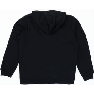 A black zip-up hooded sweatshirt with a simple design and a hood, featuring a logo.