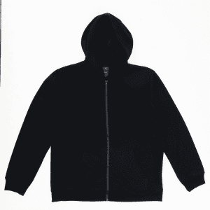A black zip hoodie with a hood and front pockets, featuring a branding logo.