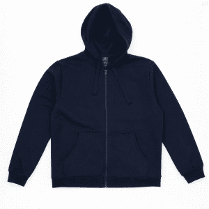 A navy zip hoodie featuring a hood and front pockets, with a logo on the label.