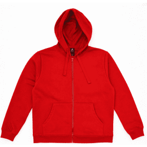 A red zip-up hooded sweatshirt with a front pocket and a hood. The hoodie features a logo on the inner tag.