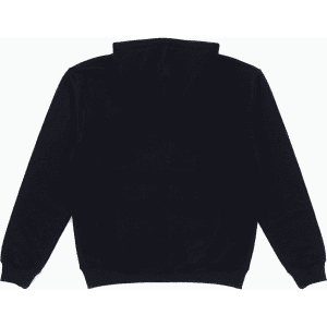 A black zip-up hoodie with a hood and long sleeves. The garment has a plain design without any logos.