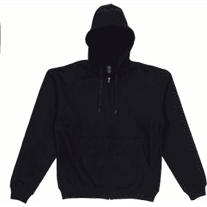 A black zip-up hoodie with a hood and front pockets, featuring a logo on the inside tag.