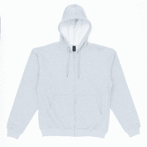 A light grey zip-up hoodie featuring a hood and front pockets, with a small logo on the inside.