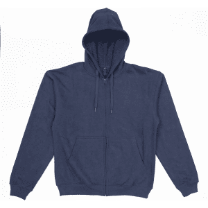 A navy zip-up hooded sweatshirt with a front pocket and drawstring hood. It features a small logo.