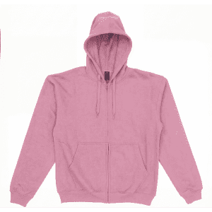 A pink zipped hooded sweatshirt with a front pocket and drawstring hood. It features a logo on the chest area.