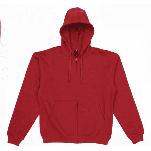 A red zip-up hooded sweatshirt featuring a front pocket and adjustable drawstrings on the hood.