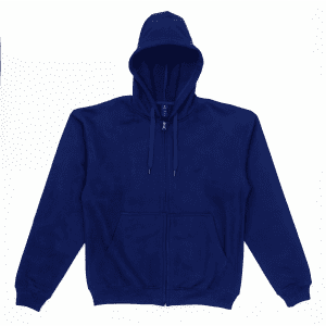 A navy zip-up hoodie with a front zipper and a hood, featuring a logo.