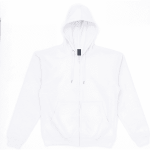 A white zip-up hoodie featuring a hood and a front pocket, with a branding label on the side.
