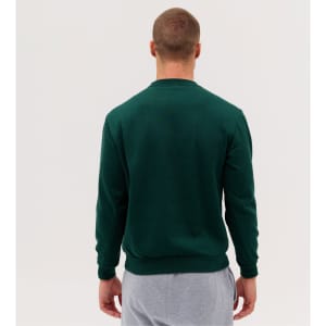 A green crew sweatshirt displayed from the back, featuring a simple design and a comfortable fit.