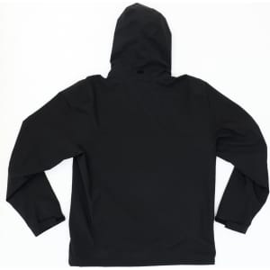 A black weather jacket with a hood, featuring long sleeves and a simple design, shown from the back. It has a logo.