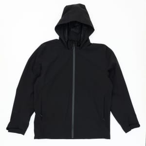 A black weather jacket with a hood, featuring a front zipper and side pockets.
