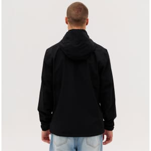 A black Core Weather Jacket viewed from the back, featuring a hood and a male model wearing it.