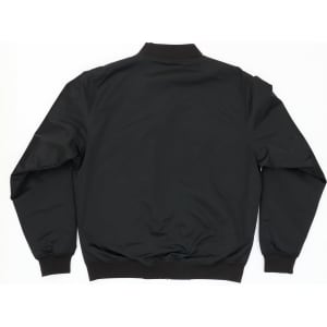 A black bomber jacket with a simple design, featuring a collar and long sleeves. It has a logo on the back.