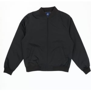 A black bomber jacket with a zip front and side pockets, featuring a plain design and elastic cuffs.